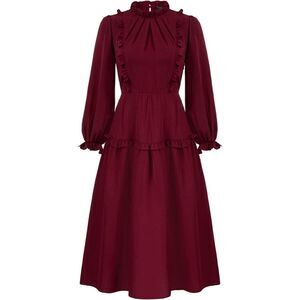 NWT Modest Elegant Long Sleeve Retro Vintage Victorian Ruffle Red Midi Dress L
